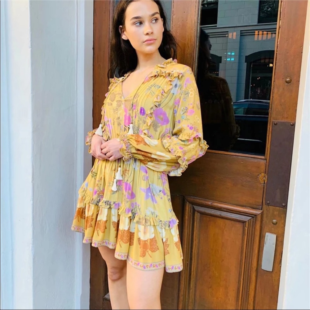 Boho 60’s Floral Gypsy Print Ruffle Dress Yellow - Picture 5 of 12